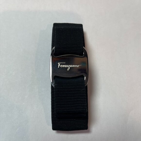 Salvatore Ferragamo Black Grosgrain Vara Bow Hair Clip, Silvertone Buckle - NWT - Picture 1 of 9